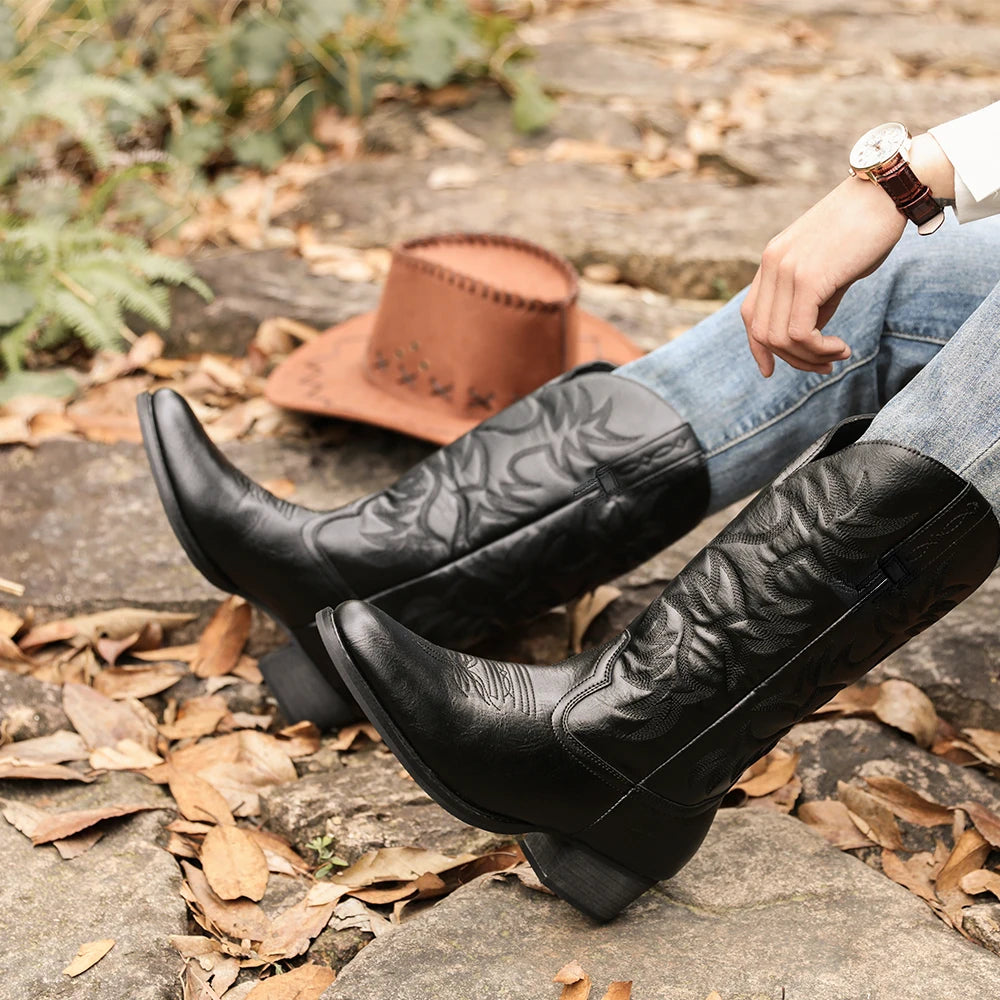 Men’s Heritage Western Cowboy Boots – Round Toe, Embroidered, Wooden Heel Sole