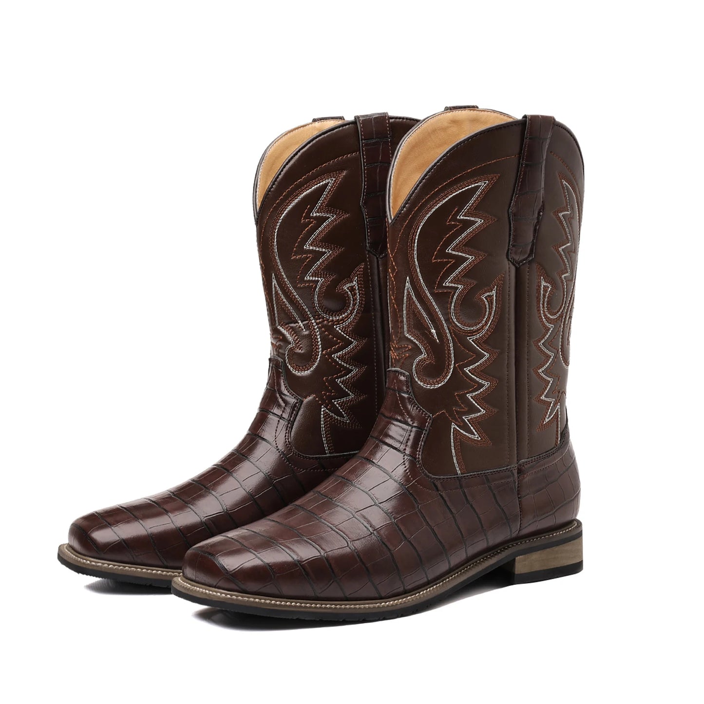 Men’s Western Cowboy Boots – Embroidered Mid-Calf Leather Boots with Square Toe & Chunky Heel