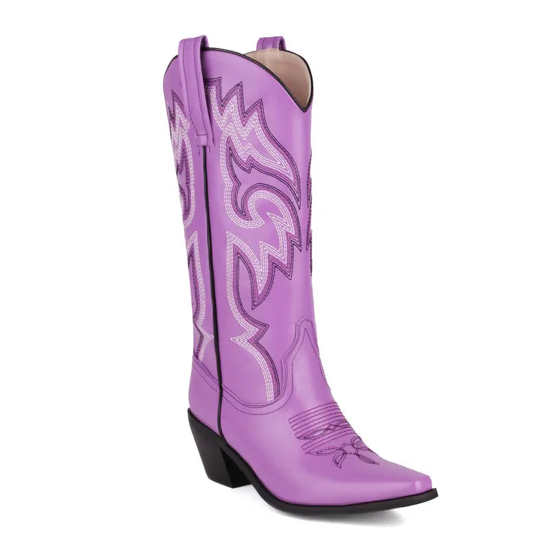 Embroidered Western Cowboy Boots for Women – Pointed Toe Mid-Calf Chunky Heel Boots