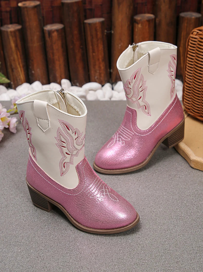 Girls’ Pink & White Glitter Western Cowboy Boots