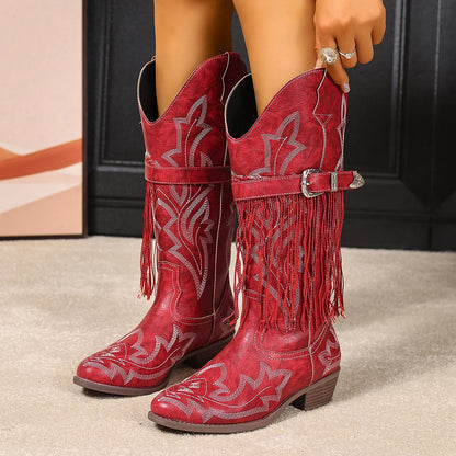 Red Embroidered Tassel Western Cowboy Boots for Women – Buckle Design