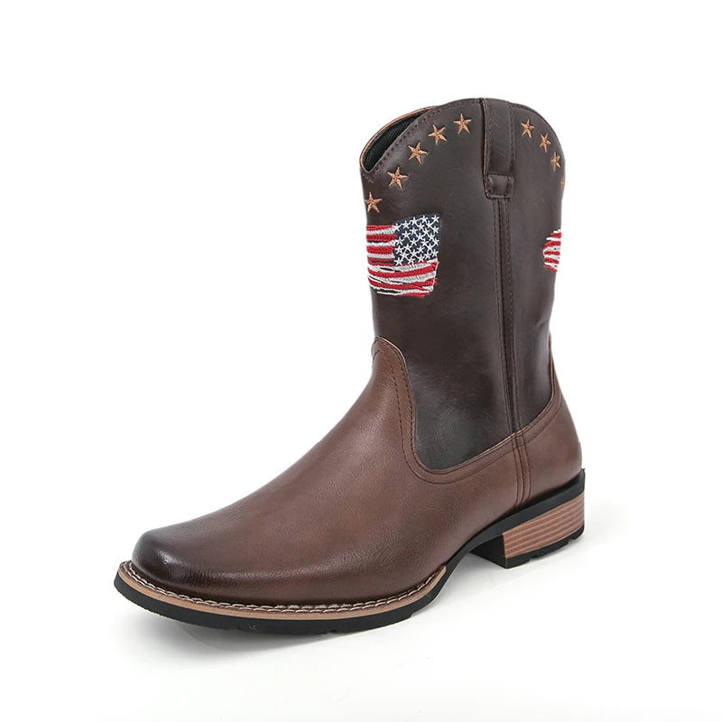 Patriotic Western Cowboy Boots for Men – Vintage Leather Look, Zipper Closure Vegan Leather