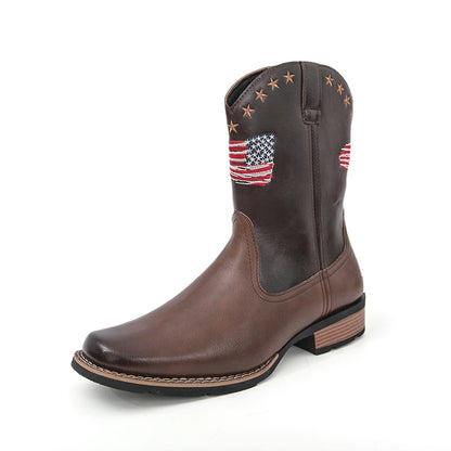 Patriotic Western Cowboy Boots for Men – Vintage Leather Look, Zipper Closure Vegan Leather