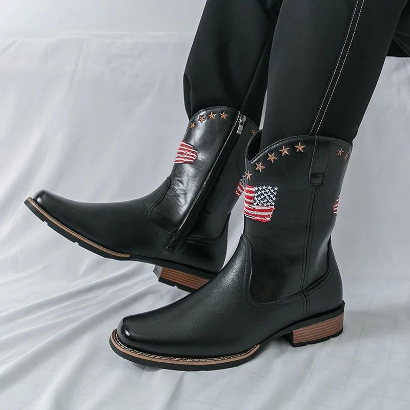 Patriotic Western Cowboy Boots for Men – Vintage Leather Look, Zipper Closure Vegan Leather