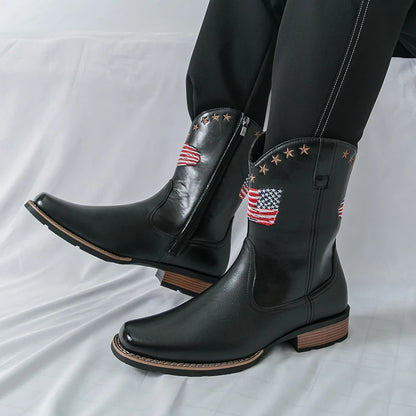 Patriotic Western Cowboy Boots for Men – Vintage Leather Look, Zipper Closure Vegan Leather