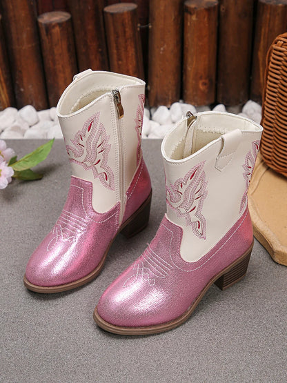 Girls’ Pink & White Glitter Western Cowboy Boots