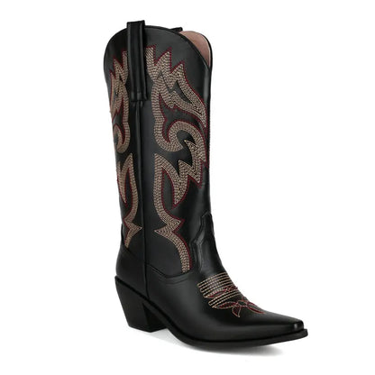 Embroidered Western Cowboy Boots for Women – Pointed Toe Mid-Calf Chunky Heel Boots