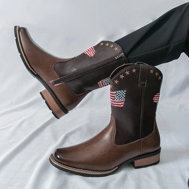 Patriotic Western Cowboy Boots for Men – Vintage Leather Look, Zipper Closure Vegan Leather