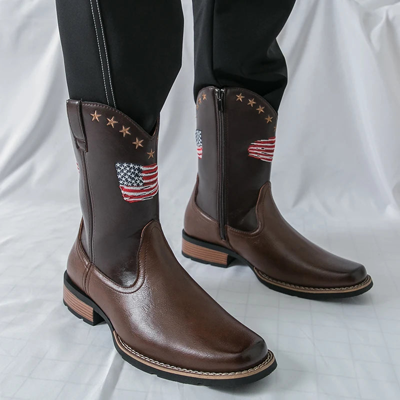Patriotic Western Cowboy Boots for Men – Vintage Leather Look, Zipper Closure Vegan Leather