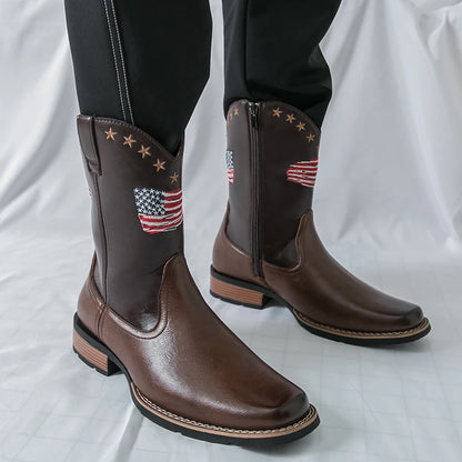 Patriotic Western Cowboy Boots for Men – Vintage Leather Look, Zipper Closure Vegan Leather