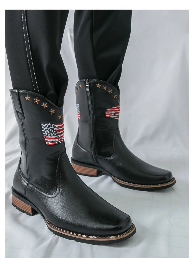 Patriotic Western Cowboy Boots for Men – Vintage Leather Look, Zipper Closure Vegan Leather