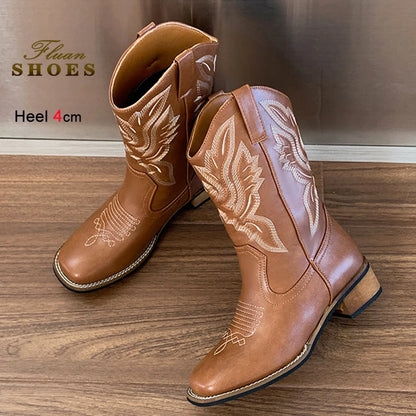 Embroidered Mid-Calf Western Boots for Women – Real Leather