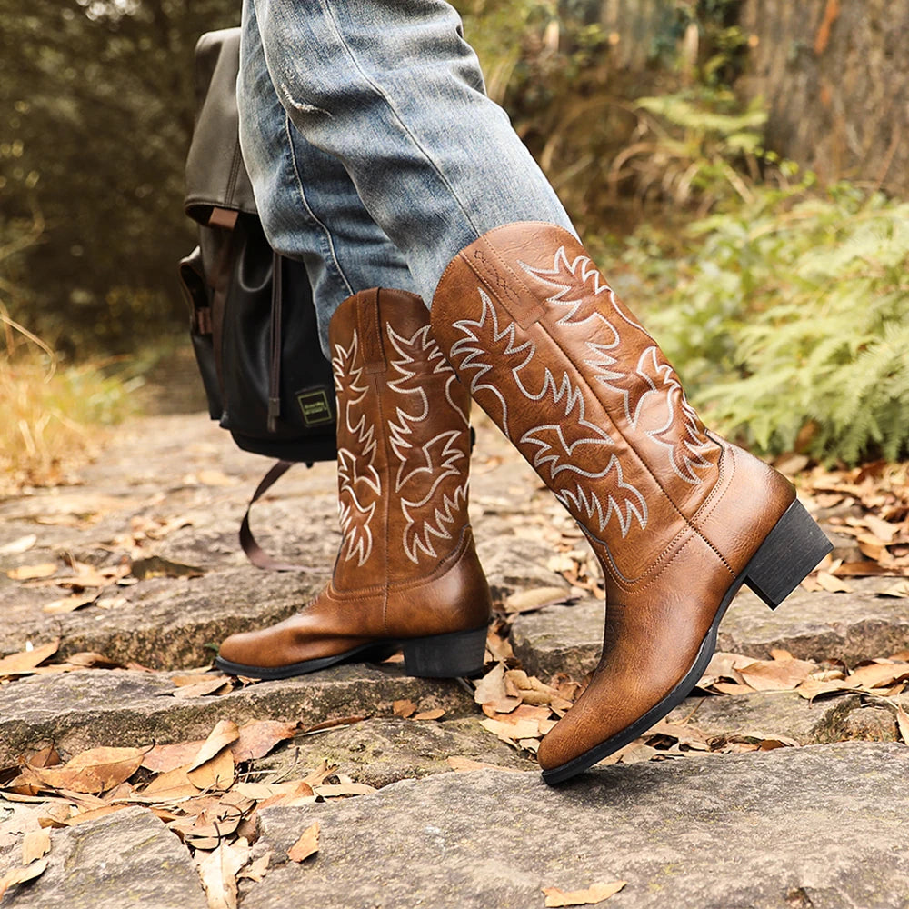 Men’s Heritage Western Cowboy Boots – Round Toe, Embroidered, Wooden Heel Sole