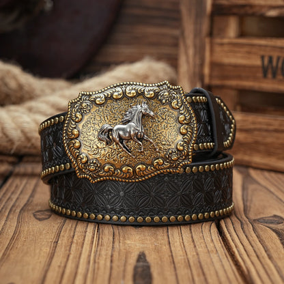 Vintage Western Horse Belt – Unisex PU Leather Belt with Ornate Metal Buckle