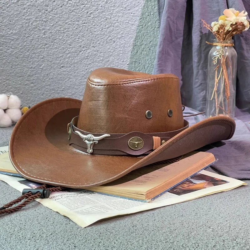 Faux Leather Western Cowboy Hat – Vintage Panama Style for Men & Women