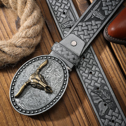 Vintage Western Bull Head Belt Men and Women with Embossed Alloy Buckle