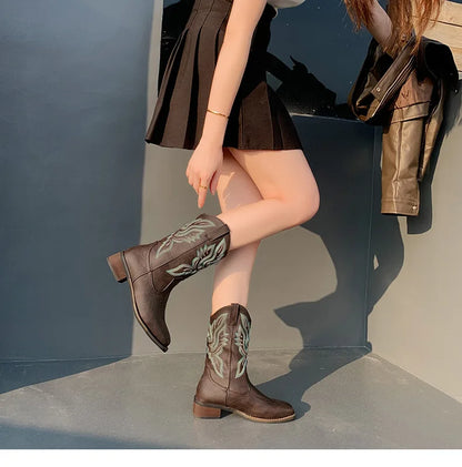 Embroidered Mid-Calf Western Boots for Women – Real Leather