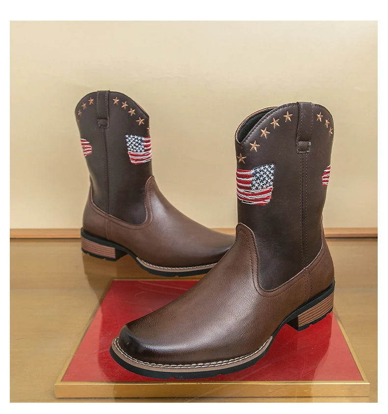 Patriotic Western Cowboy Boots for Men – Vintage Leather Look, Zipper Closure Vegan Leather
