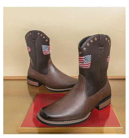 Patriotic Western Cowboy Boots for Men – Vintage Leather Look, Zipper Closure Vegan Leather
