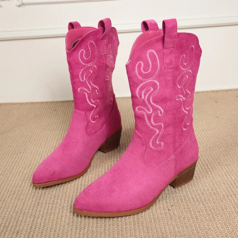 Embroidered Western Cowboy Boots for Women – Pointed Toe, Thick Heel, High Knee