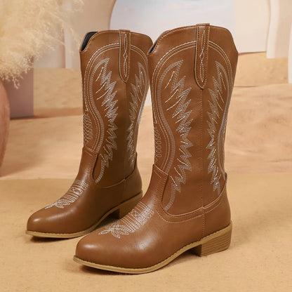 Western Embroidered Knight Cowboy Boots for Women – Retro Round Toe Mid-Calf