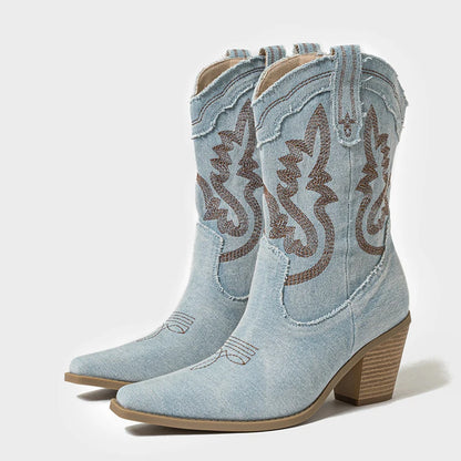 Vintage Embroidered Denim Western Cowboy Boots for Women