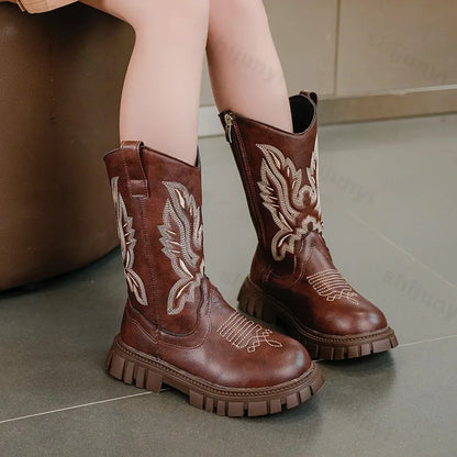 Classic Western Cowboy Boots Embroidered Long Booties for Girls