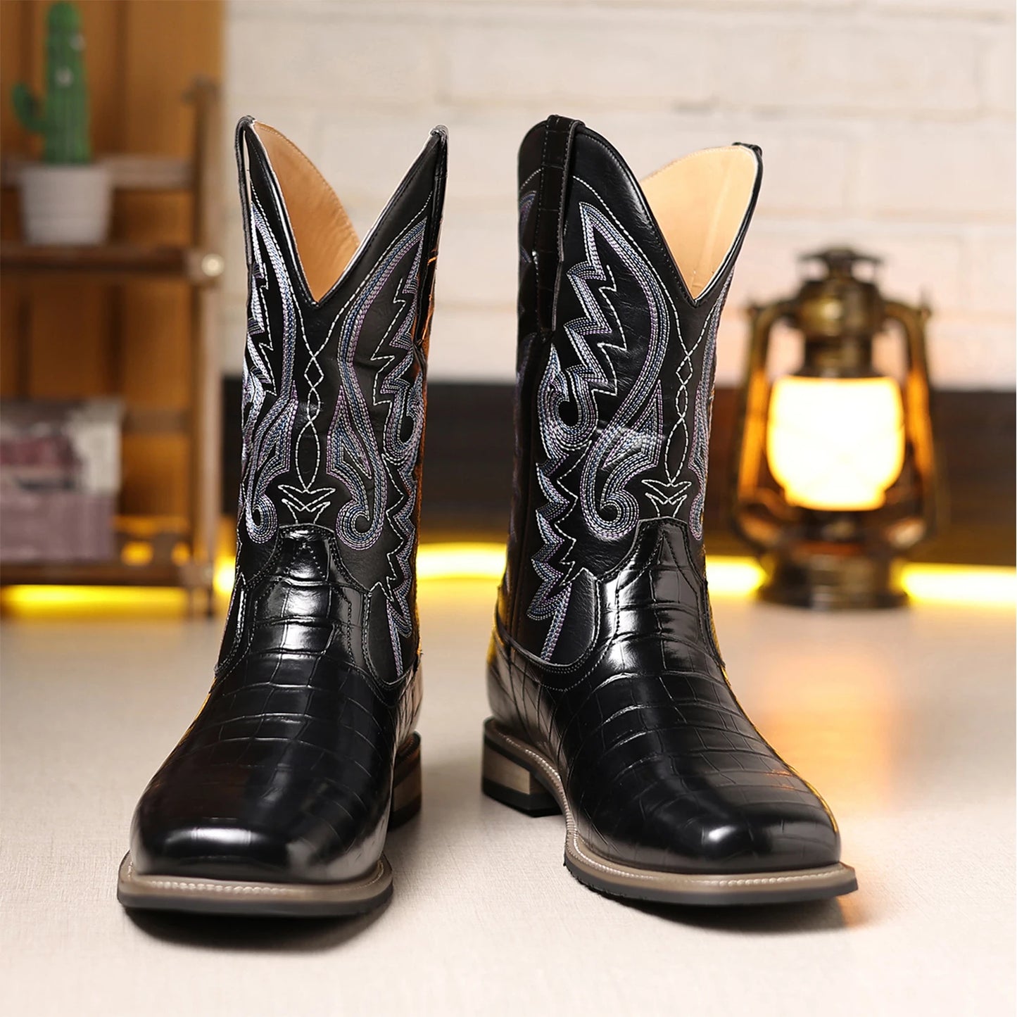 Men’s Western Cowboy Boots – Embroidered Mid-Calf Leather Boots with Square Toe & Chunky Heel