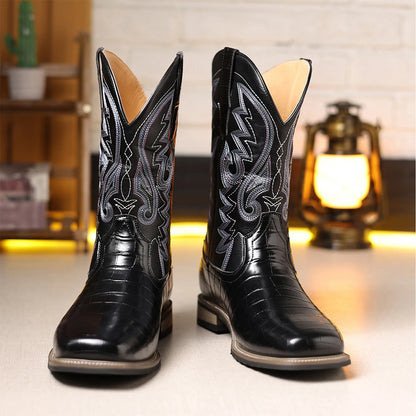 Men’s Western Cowboy Boots – Embroidered Mid-Calf Leather Boots with Square Toe & Chunky Heel