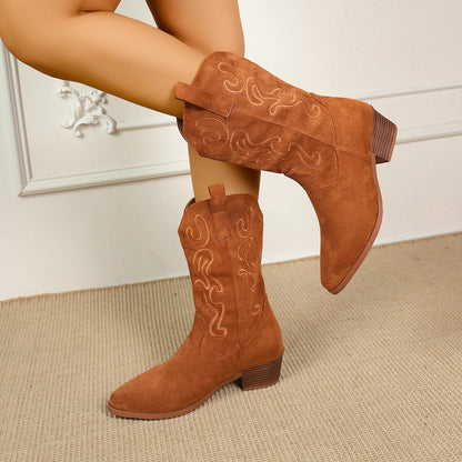Embroidered Western Cowboy Boots for Women – Pointed Toe, Thick Heel, High Knee