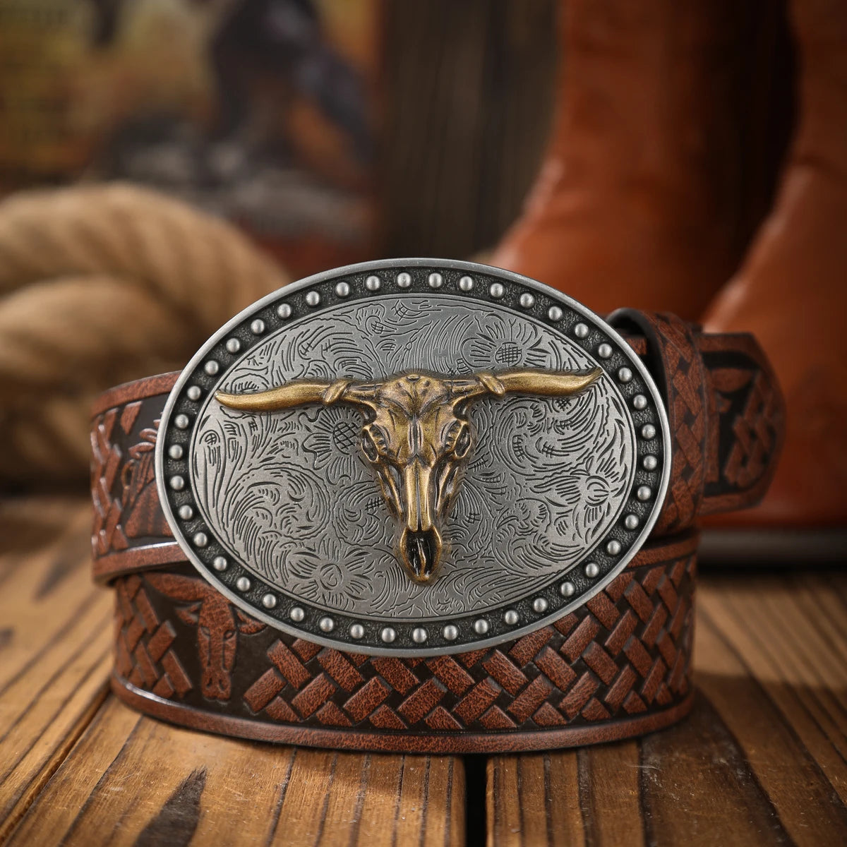 Vintage Western Bull Head Belt Men and Women with Embossed Alloy Buckle