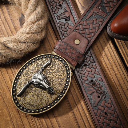 Vintage Western Bull Head Belt Men and Women with Embossed Alloy Buckle