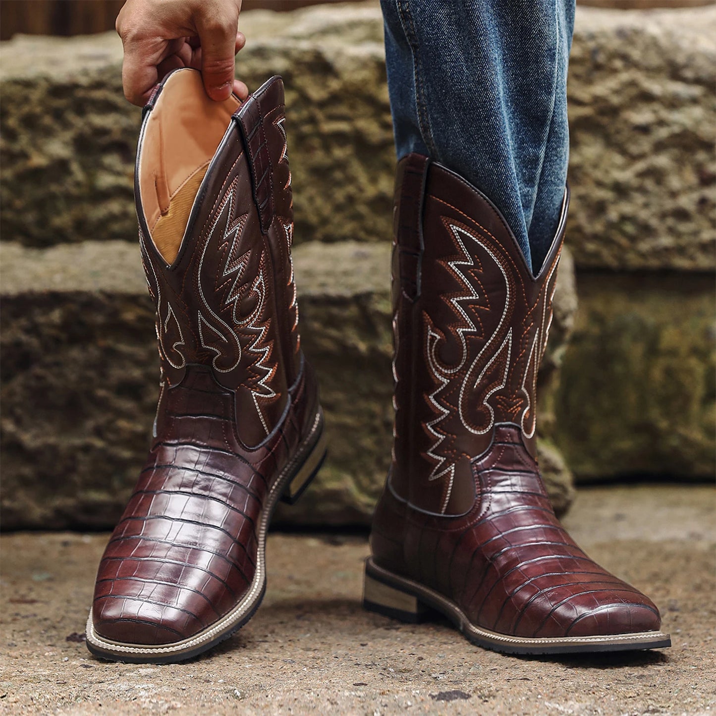 Men’s Western Cowboy Boots – Embroidered Mid-Calf Leather Boots with Square Toe & Chunky Heel