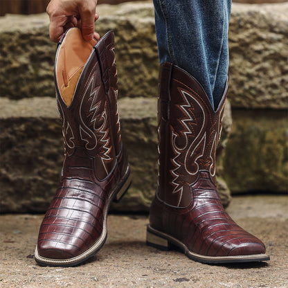 Men’s Western Cowboy Boots – Embroidered Mid-Calf Leather Boots with Square Toe & Chunky Heel