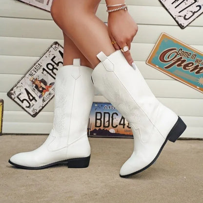 Mid-Calf Women’s Western Cowboy Boots Pointed Toe Retro Fashion