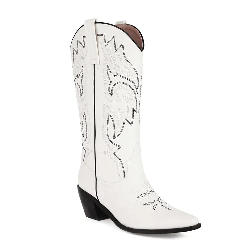 Embroidered Western Cowboy Boots for Women – Pointed Toe Mid-Calf Chunky Heel Boots
