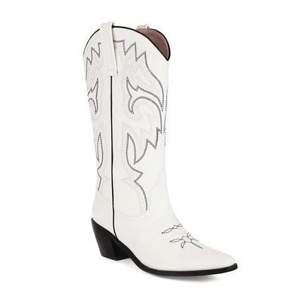 Embroidered Western Cowboy Boots for Women – Pointed Toe Mid-Calf Chunky Heel Boots