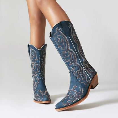Women’s Blue Western Cowboy Boots Comfortable Wide Calf with Embroidery