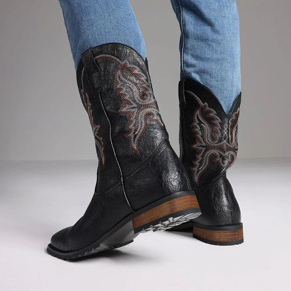 Classic Western Cowboy Boots – Handmade Embroidered Mid-Calf Pull-On Boots Vegan Leather