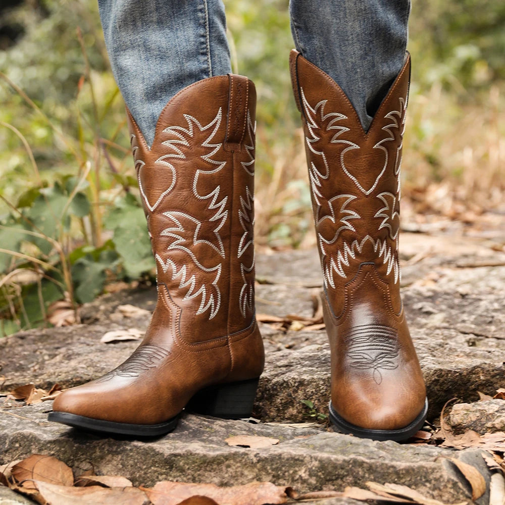 Men’s Heritage Western Cowboy Boots – Round Toe, Embroidered, Wooden Heel Sole