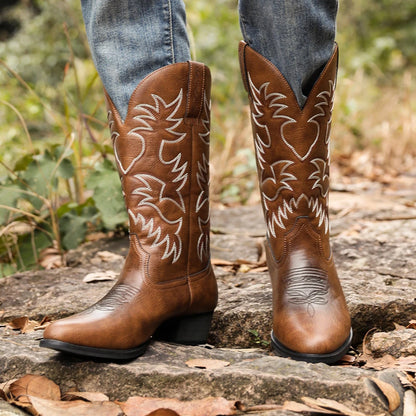 Men’s Heritage Western Cowboy Boots – Round Toe, Embroidered, Wooden Heel Sole