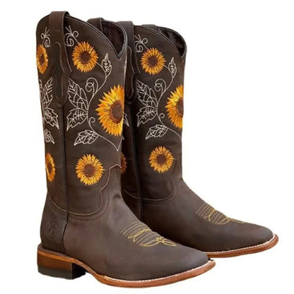 Women’s Coffee Brown Western Cowboy Boots Embroidered Deep V-Mouth