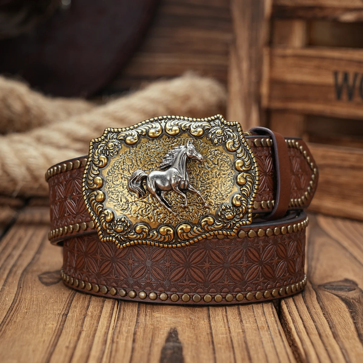 Vintage Western Horse Belt – Unisex PU Leather Belt with Ornate Metal Buckle