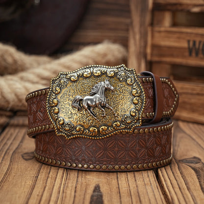 Vintage Western Horse Belt – Unisex PU Leather Belt with Ornate Metal Buckle