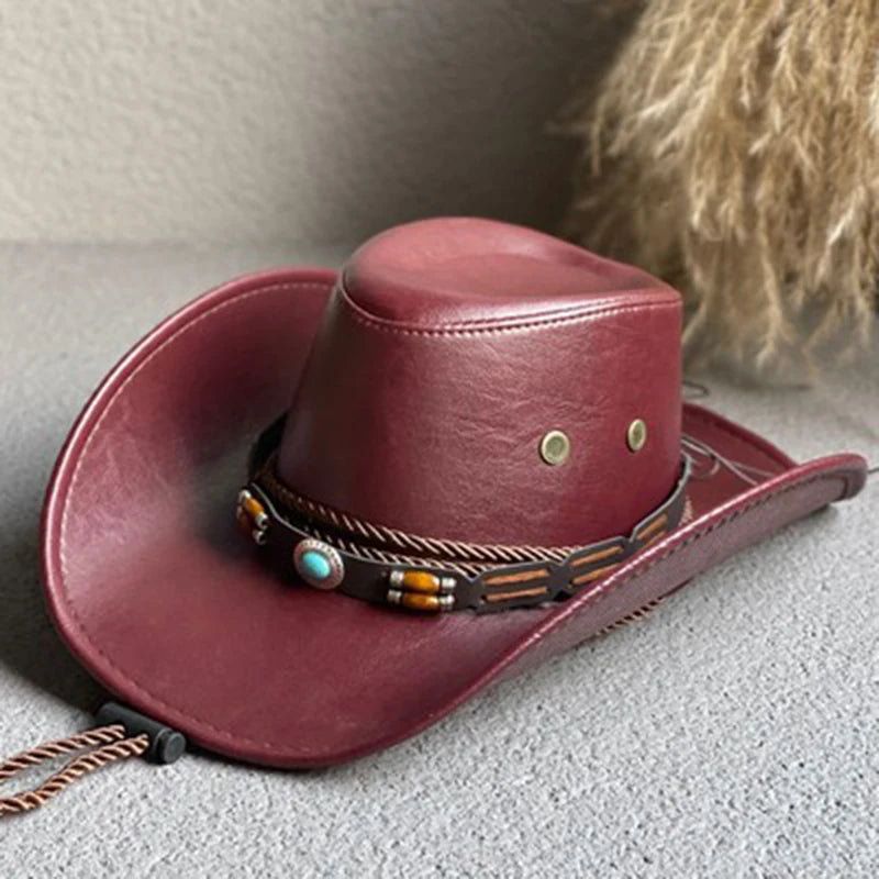 Faux Leather Western Cowboy Hat – Vintage Panama Style for Men & Women
