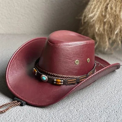 Faux Leather Western Cowboy Hat – Vintage Panama Style for Men & Women