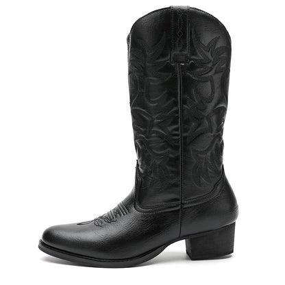 Men’s Heritage Western Cowboy Boots – Round Toe, Embroidered, Wooden Heel Sole
