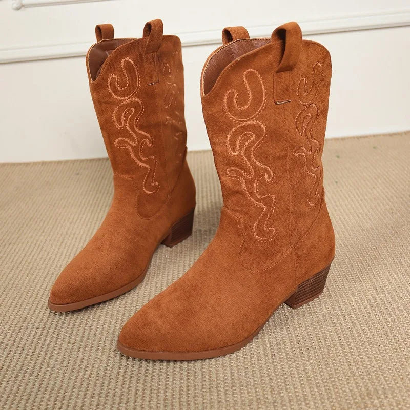 Embroidered Western Cowboy Boots for Women – Pointed Toe, Thick Heel, High Knee