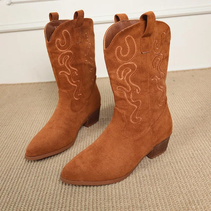 Embroidered Western Cowboy Boots for Women – Pointed Toe, Thick Heel, High Knee
