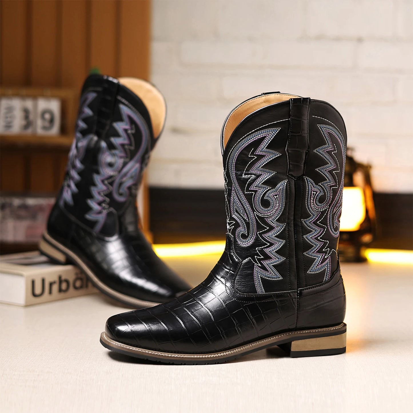 Men’s Western Cowboy Boots – Embroidered Mid-Calf Leather Boots with Square Toe & Chunky Heel